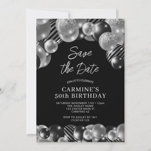 Save the Date Black Silver 50e Verjaardag Kaart (Voorkant)