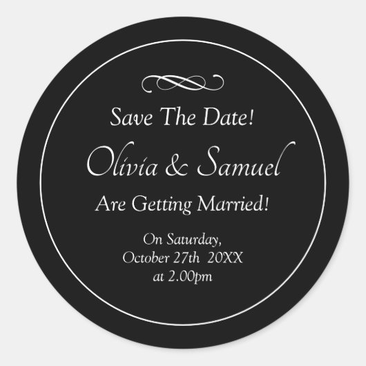 Save The Date - Black & White with Infinity Scroll Ronde Sticker (Voorkant)