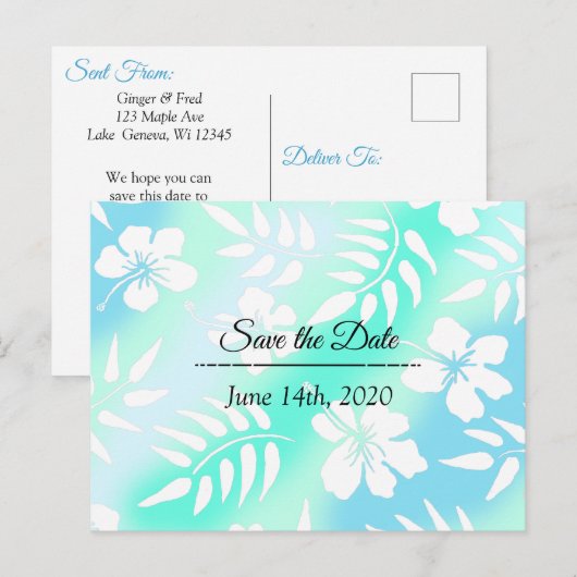 Save the Date Blauw Blauwgroen Hibiscus Tropisch t Briefkaart (Voorkant / Achterkant)
