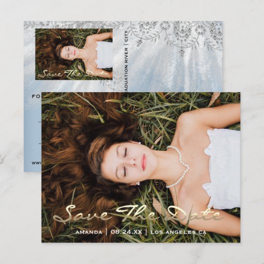 Save The Date Blauwe Foto Roos Zoete 16e Bruids- Briefkaart (Voorkant / Achterkant)