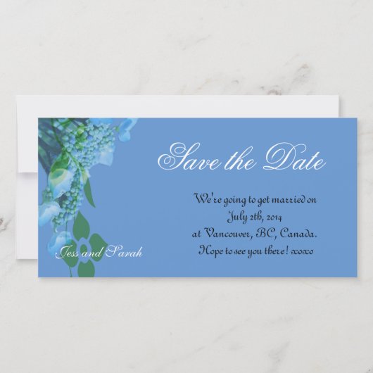save the date, blauwe hortensia bloemen date (Voorkant)