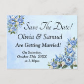 Save The Date - Blauwe pioen op blauw Aankondigingskaart (Voorkant)