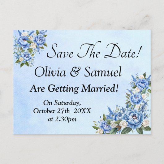 Save The Date - Blauwe pioen op blauw Aankondigingskaart (Voorkant)