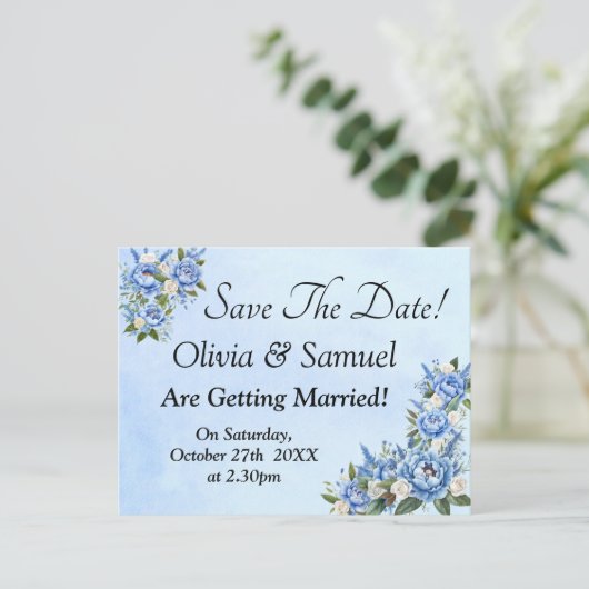 Save The Date - Blauwe pioen op blauw Aankondigingskaart (Staand voorkant)