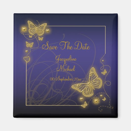 "Save the date" blauwe zwarte vlinder Magneet (Voorkant)