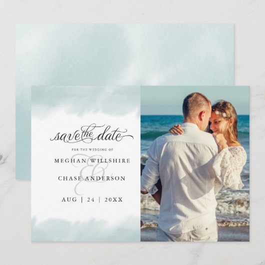 Save the date | Blauwgroen groene Waterverf Stroke Kaart (Voorkant / Achterkant)