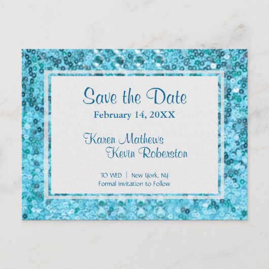 Save the date | Blauwgroen pailletten Aankondigingskaart (Voorkant)