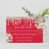 Save The Date  Bloemen Rozen Druppels Rood Ivoor G (Staand voorkant)