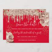 Save The Date  Bloemen Rozen Druppels Rood Ivoor G (Voorkant / Achterkant)