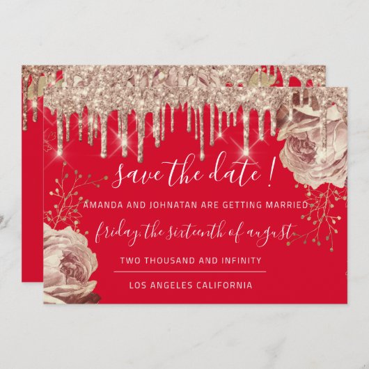 Save The Date Bloemen Rozen Druppels Rood Ivoor G (Voorkant / Achterkant)