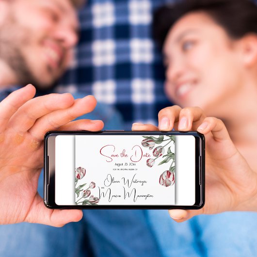 Save the Date | Bloemige Rode & Witte Rembrandt Tu Kaart