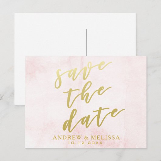 Save the date | Blush & Faux Gold Script-Briefkaar Aankondigingskaart (Voorkant / Achterkant)