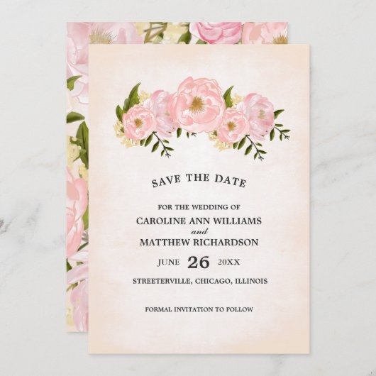 Save the date. Blush Pink Peonies Kaart (Voorkant / Achterkant)