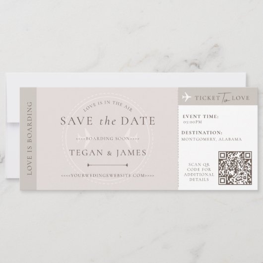 Save the Date Boarding Pass Wedding Plane Ticket Kaart (Voorkant)