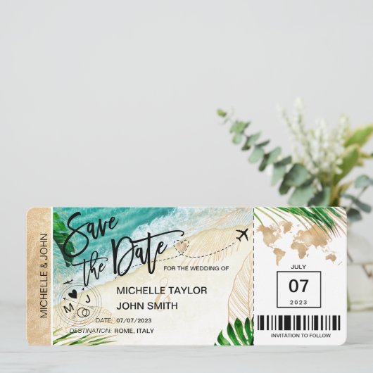 Save the Date Boarding Pass World Map Island Kaart (Staand voorkant)