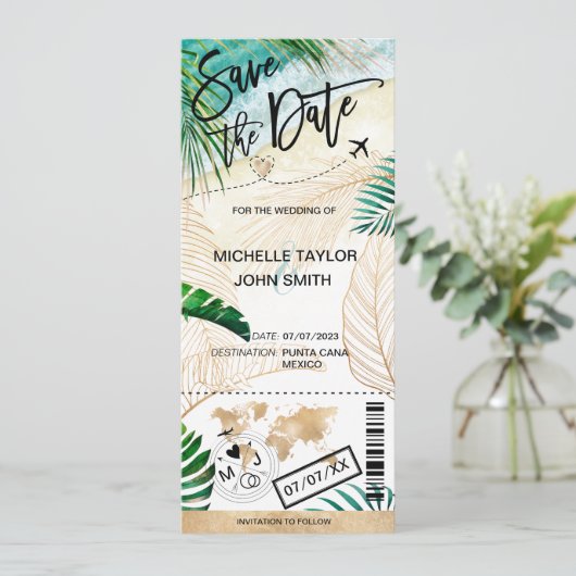 Save the Date Boarding Pass World Map Island Kaart (Staand voorkant)