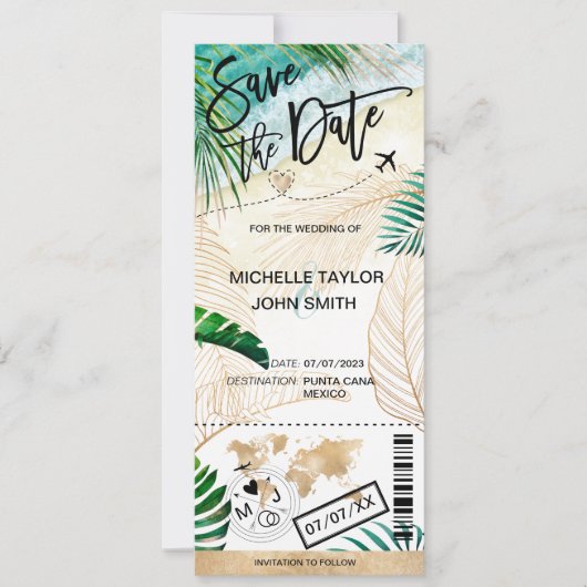 Save the Date Boarding Pass World Map Island Kaart (Voorkant)