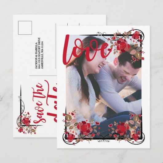 Save the Date Boho Roos & Love Photo Briefkaart (Voorkant / Achterkant)