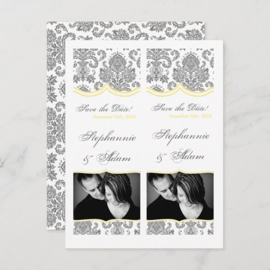 Save the Date Book Mark Favors Grijs Geel Damast Aankondigingskaart (Voorkant / Achterkant)