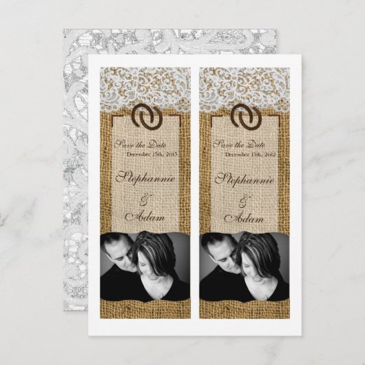 Save the Date Book Mark Favors Hoefijzers Burlap Aankondigingskaart (Voorkant / Achterkant)
