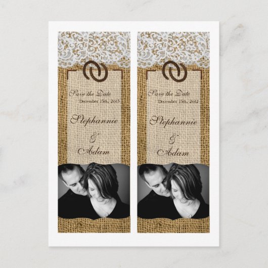 Save the Date Book Mark Favors Hoefijzers Burlap Aankondigingskaart (Voorkant)
