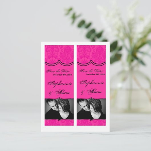 Save the Date Book Mark Favors Hot Pink Blauw Dama Aankondigingskaart (Staand voorkant)