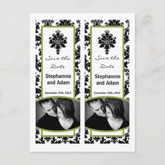 Save the Date Book Mark Favors Zwart Groen Damast Aankondigingskaart (Voorkant)