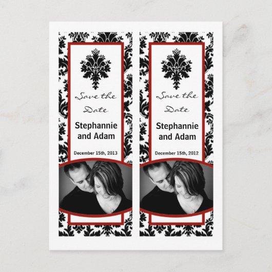 Save the Date Book Mark Favors Zwart Rood Damast Aankondigingskaart (Voorkant)