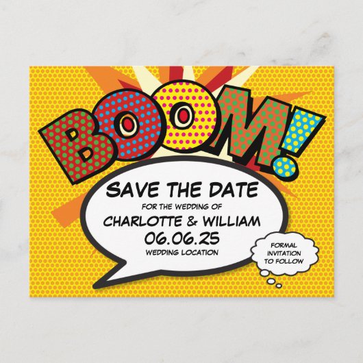 Save the Date Boom Modern Fun Comic Strip Aankondigingskaart (Voorkant)