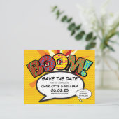 Save the Date Boom Modern Fun Comic Strip Aankondigingskaart (Staand voorkant)