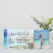 Save the Date Boordpas kaart Strand Palm MPhoto (Staand voorkant)