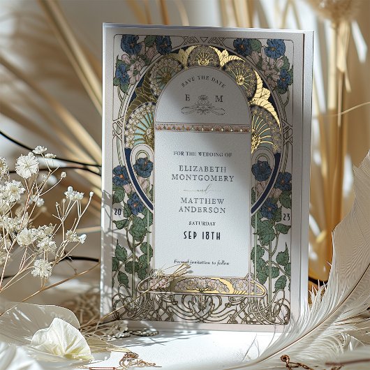 Save the Date Bougainvillea Navy Blauw Goud Bruilo Folie Uitnodiging