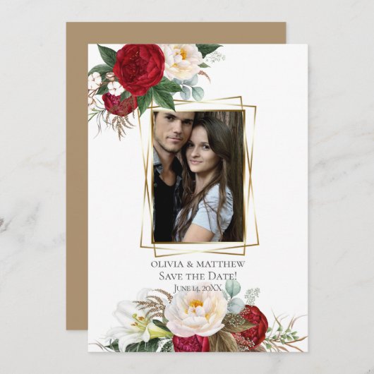 Save the date | Bourgogne Peony Floral Bouquets Kaart (Voorkant / Achterkant)