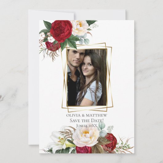 Save the date | Bourgogne Peony Floral Bouquets Kaart (Voorkant)