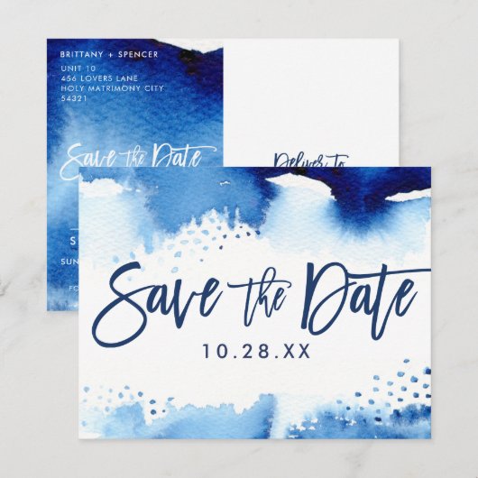 SAVE THE DATE BRIEFKAART coole marineblauwe waterv (Voorkant / Achterkant)