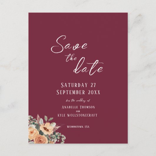 Save the Date briefkaart - Elegante bloemenbordeau (Voorkant)