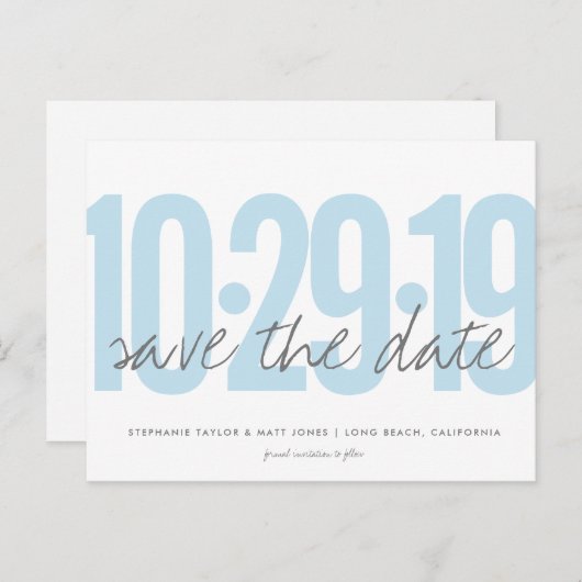 Save The Date Briefkaart, Grote Datum, poederblauw Aankondigingskaart (Voorkant / Achterkant)