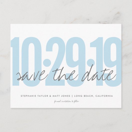 Save The Date Briefkaart, Grote Datum, poederblauw Aankondigingskaart (Voorkant)