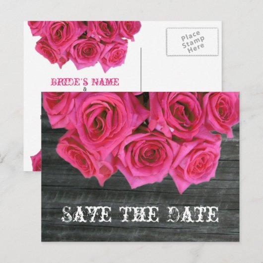 Save The Date Briefkaart - Hete Roze Rozen & Barnw (Voorkant / Achterkant)