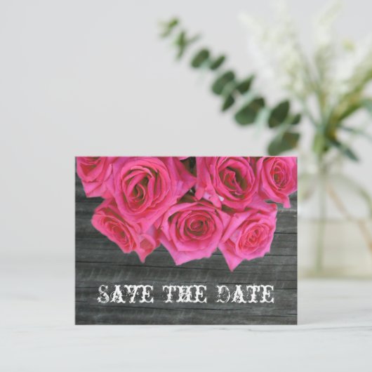 Save The Date Briefkaart - Hete Roze Rozen & Barnw (Staand voorkant)