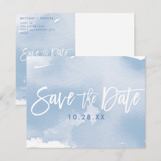 SAVE THE DATE BRIEFKAART modern bleek blauw waterv (Voorkant / Achterkant)