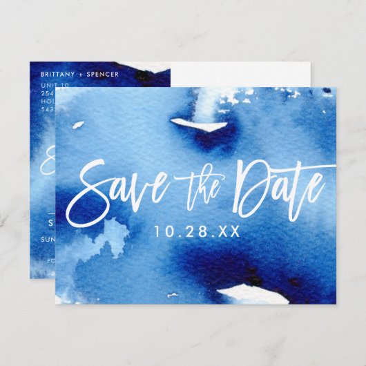 SAVE THE DATE BRIEFKAART moderne marineblauwe wate (Voorkant / Achterkant)