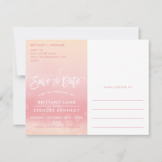SAVE THE DATE BRIEFKAART ombre koraal waterverf (Achterkant)
