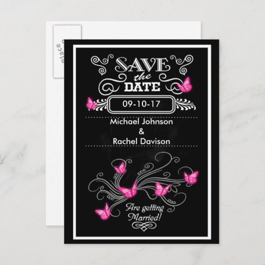 Save the Date Briefkaart Roze Vlinders  (Voorkant / Achterkant)