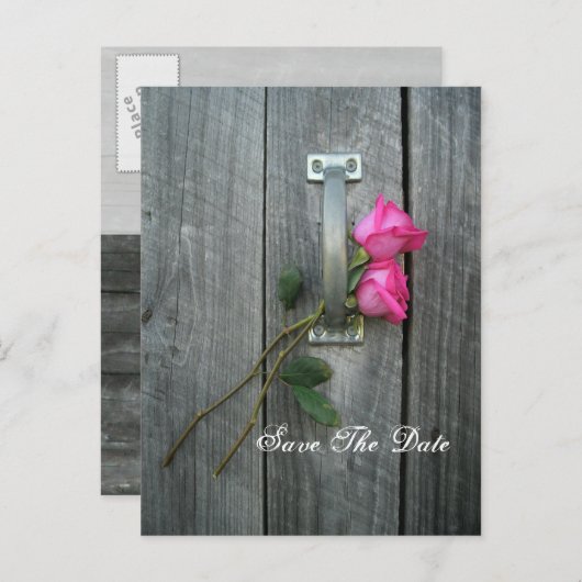 Save the Date Briefkaart - Twee Rozen en schuurdeu (Voorkant / Achterkant)
