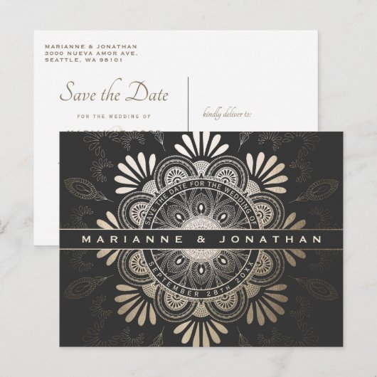 Save the Date Briefkaarten Zwart & Gouden Folie Ma (Voorkant / Achterkant)