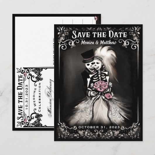 Save the Date Bruid & Groom Skeletons Roze Bloemen Aankondigingskaart (Voorkant / Achterkant)