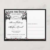 Save the Date Bruid & Groom Skeletons Roze Bloemen Aankondigingskaart (Achterkant)