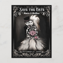 Save the Date Bruid & Groom Skeletons Roze Bloemen Aankondigingskaart