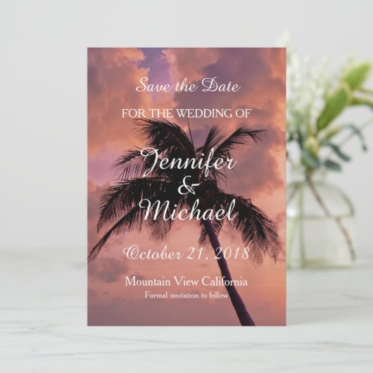 Save the Date Bruiloft Palm Tree Sunset Beach (Staand voorkant)
